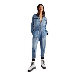 Free People x Sandrine Rose Women  Indigo Striped  Denim Jumpsuit Long